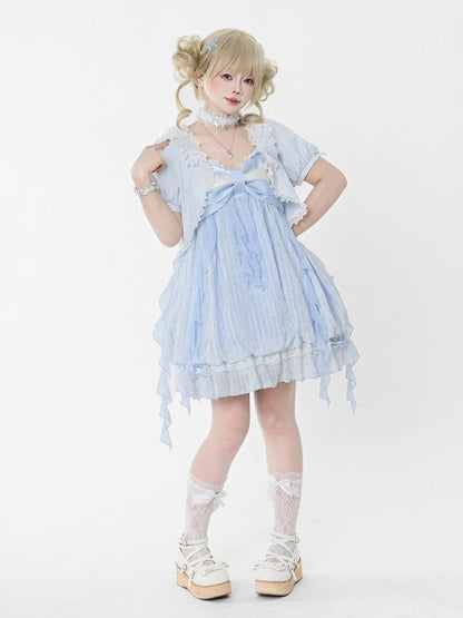 Blue Bow Cardigan with Lace Trim - Tan Tuan