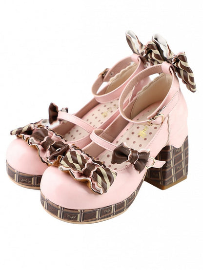 Chocolate Theme Striped Bowknot Mary Janes Heart Buckle - Sheep Puff