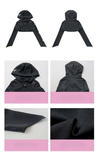 ダークグレーのウルフイヤーフード付きクロップドトップ