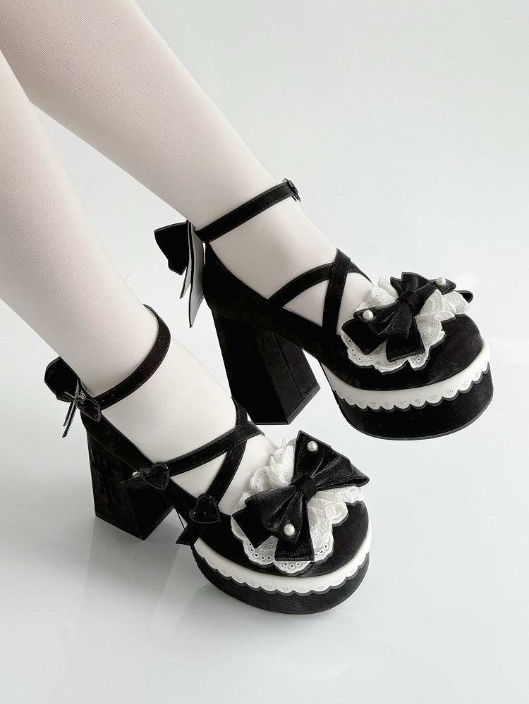 Embroidery Heels Fork Black Platform Buckle Block High Bowknot Lolita Lace Straps