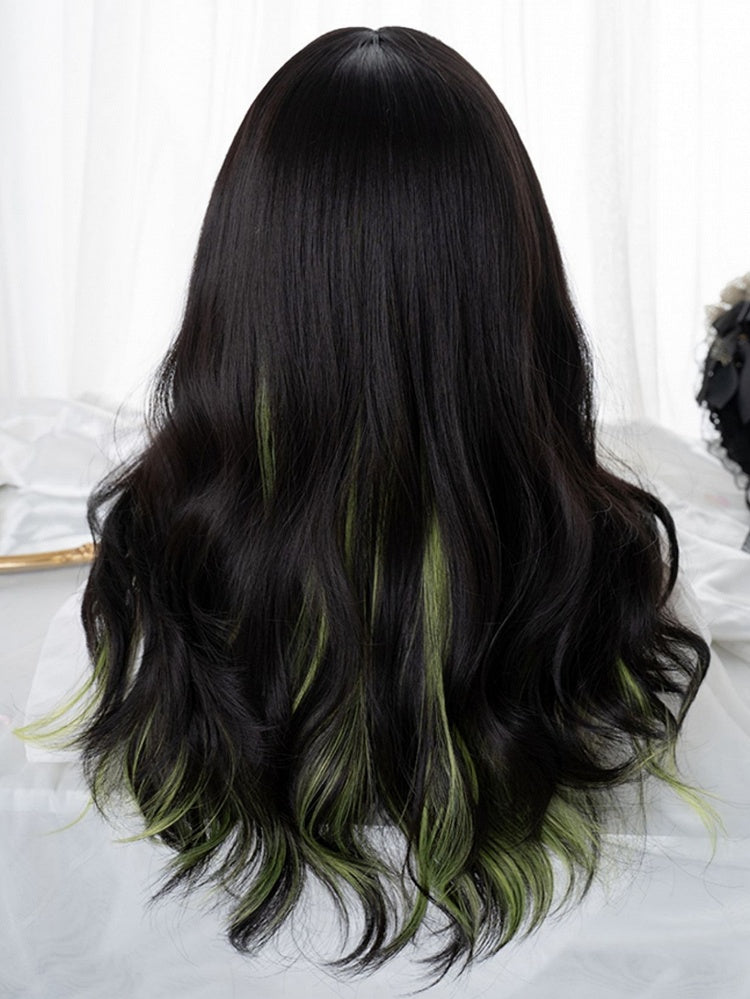 黒と緑のハイライト 60cm ロングウェーブウィッグ（前髪付き）