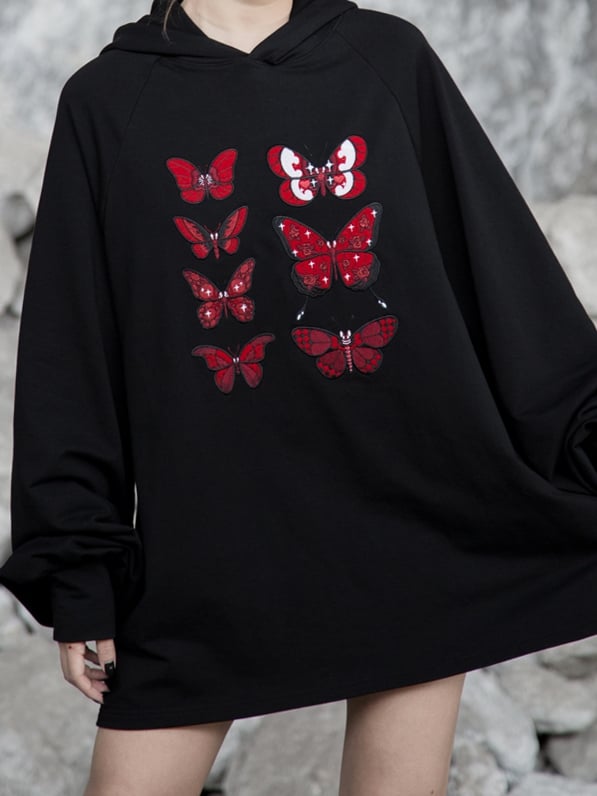 Flock Butterfly Dark Embroidery with Loose Delicate Romance Gothic Red Hoodie Black