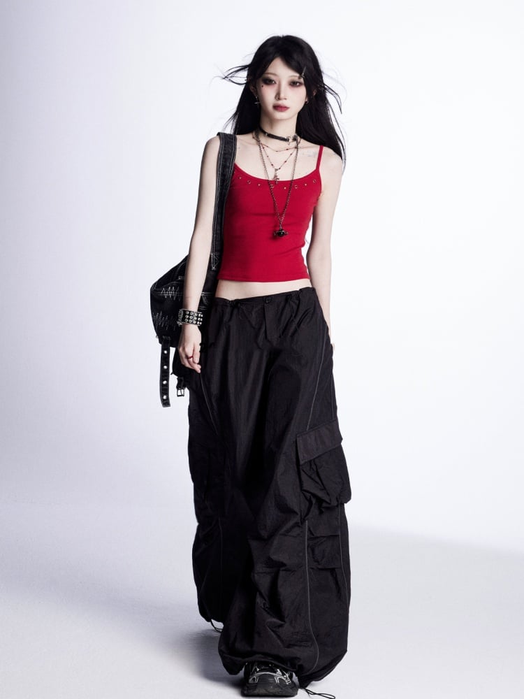 Weite Cargohose mit Kordelzug an den Bündchen Vintage Schwarz Niedrig