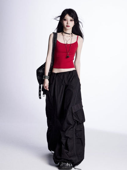 Weite Cargohose mit Kordelzug an den Bündchen Vintage Schwarz Niedrig