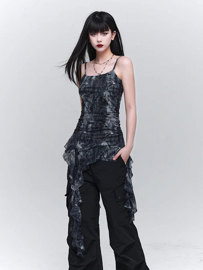 Glamorous Waist Asymmetrical Cami Ruched Gray Flounce Hem Top with Black