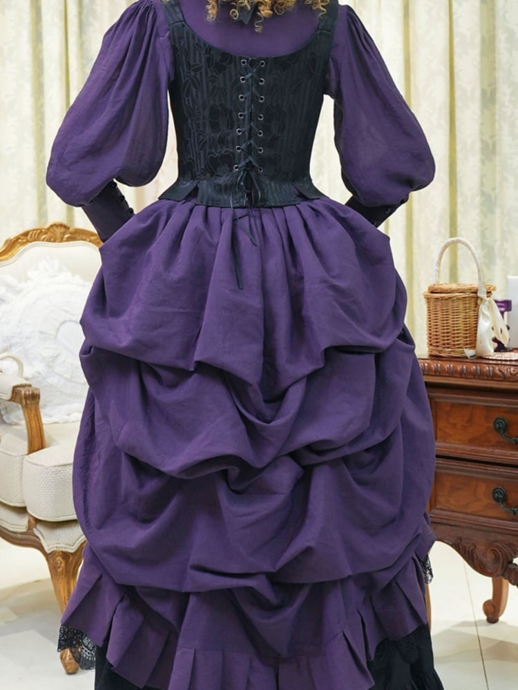 Purple Shirt Black Boned Waistcoat Skirt Set