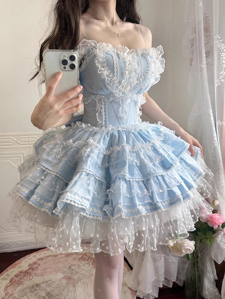 Polka-dot Hime Lolita Hanayome Lolita Kleid Muster Herz Blau JSK Rüschen Herz Vorne