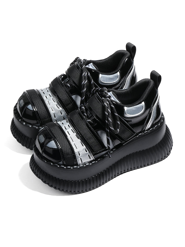 Hybrid Lace-up Platforms Strap Velcro Black Closures Silver