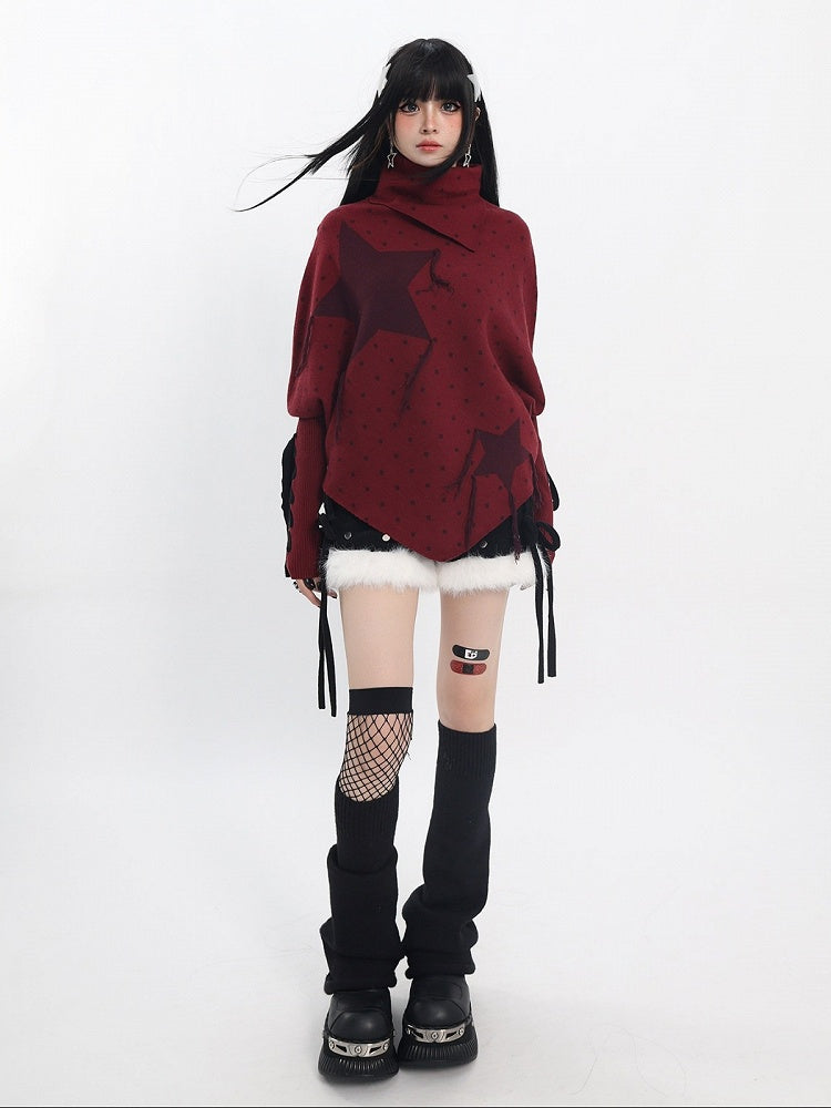 Red Turtleneck Sweater with Star Polka Dot Print, Pointed Hem, Frayed Fringe & Lace-Up - Catwish