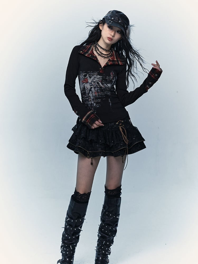 Schwarzer Stufenrock mit Spitzenbesatz und Schnürdetails