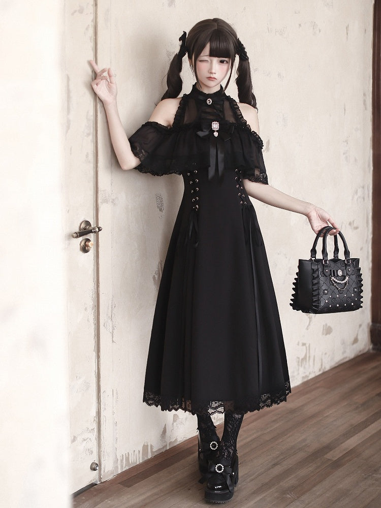 Black Seiso-Kei Cutout Shoulder Long Dress with Rhinestone Bow Tie - Ekomi