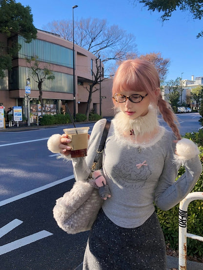 Print Long Sleeve Top Ring and with Gray Fuzzy Pom-Pom Trim Angel