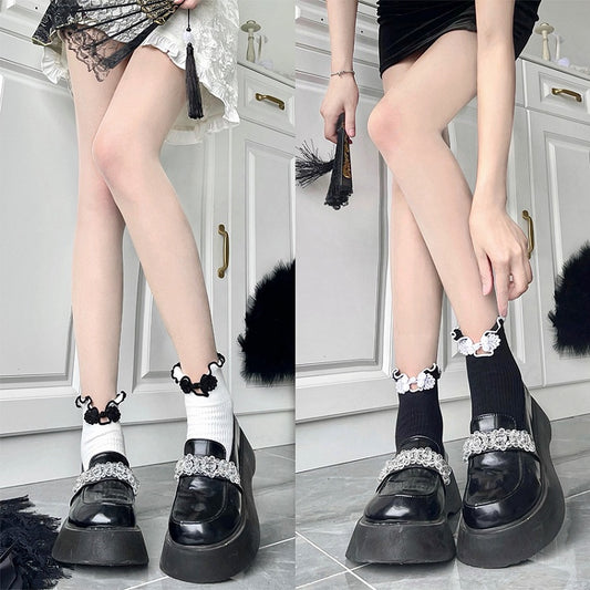 Style Colors Qi Socks 3 Button Frog Design Cotton Lolita Ruffled