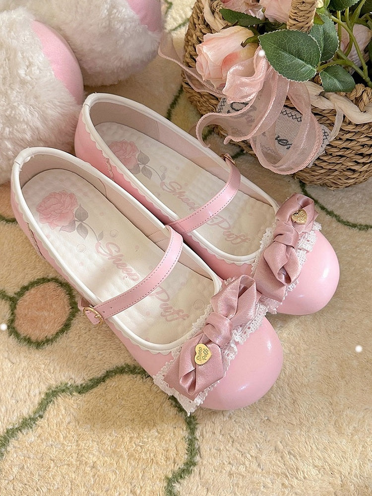 Elegant Lolita Light Pink Mary Janes - Heart-Embellished Bow with Lace Trim & Scalloped Edge