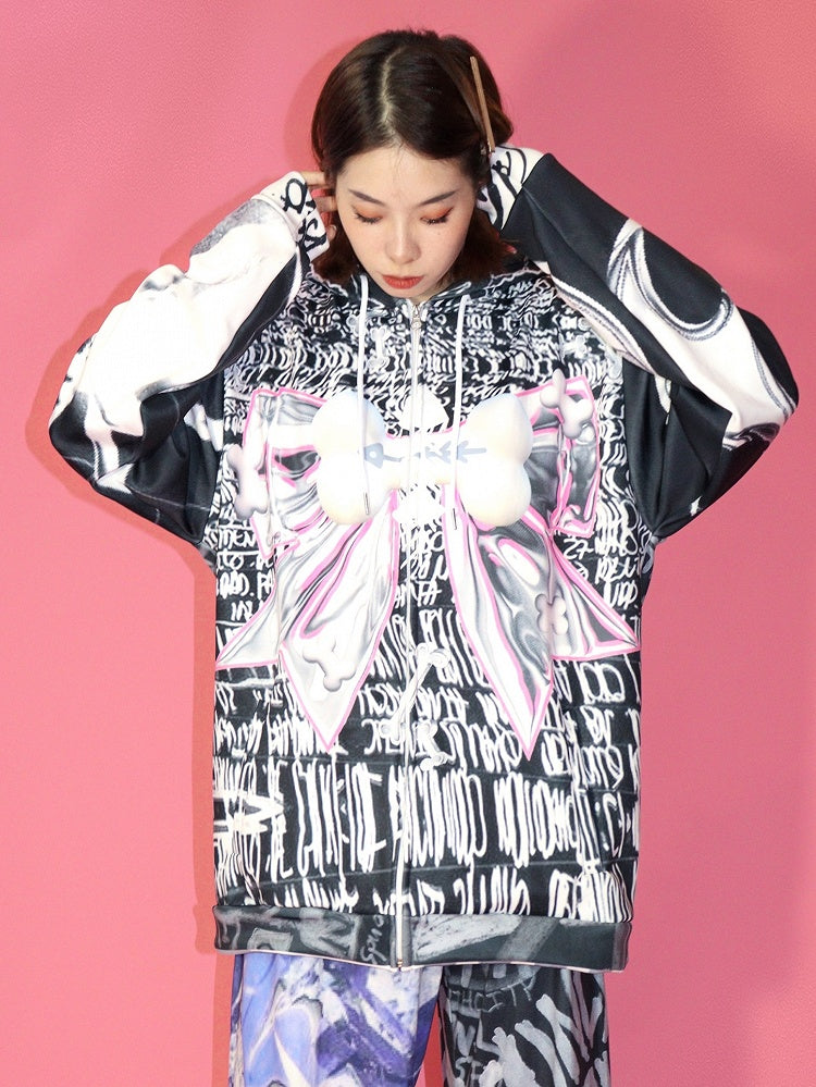 Buchstabe Schleife Schwarz Gyaru Verschluss Hoodie Zip Print Großes Muster Mode Knochen