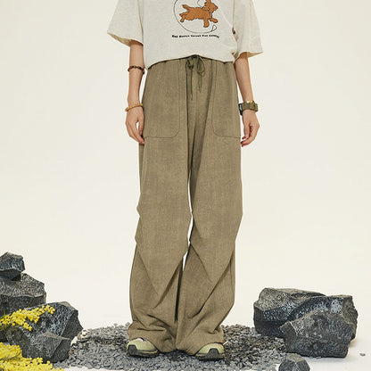 Cut Pants Belt Drawstring Vintage - Straight-leg Self-tie Unisex Khaki