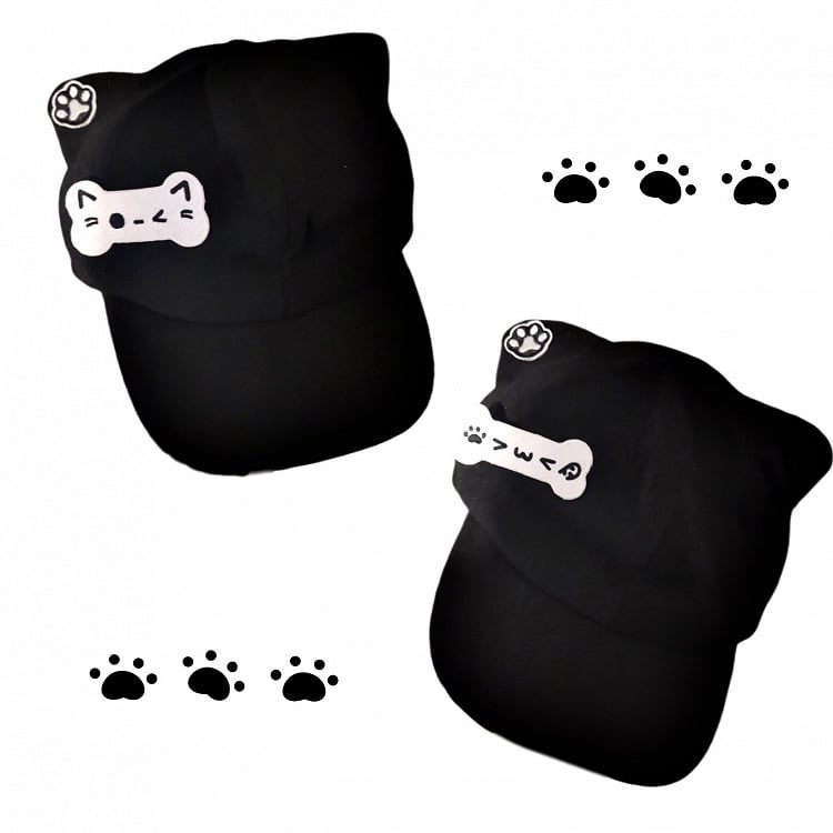 Black Cat Ear Hat with Detachable Bone Brooch