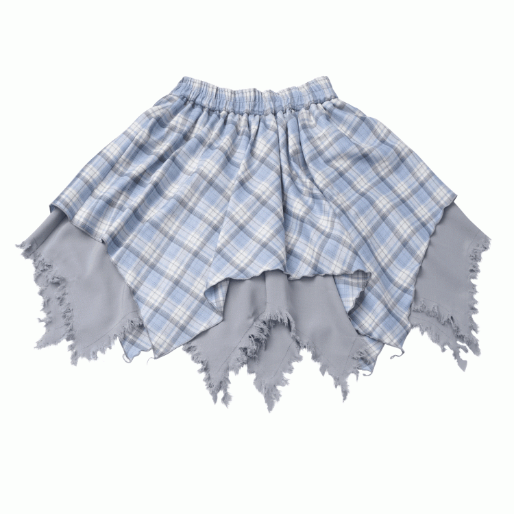 Plaid Skirt White /Black Frayed Handkerchief Hem Blue