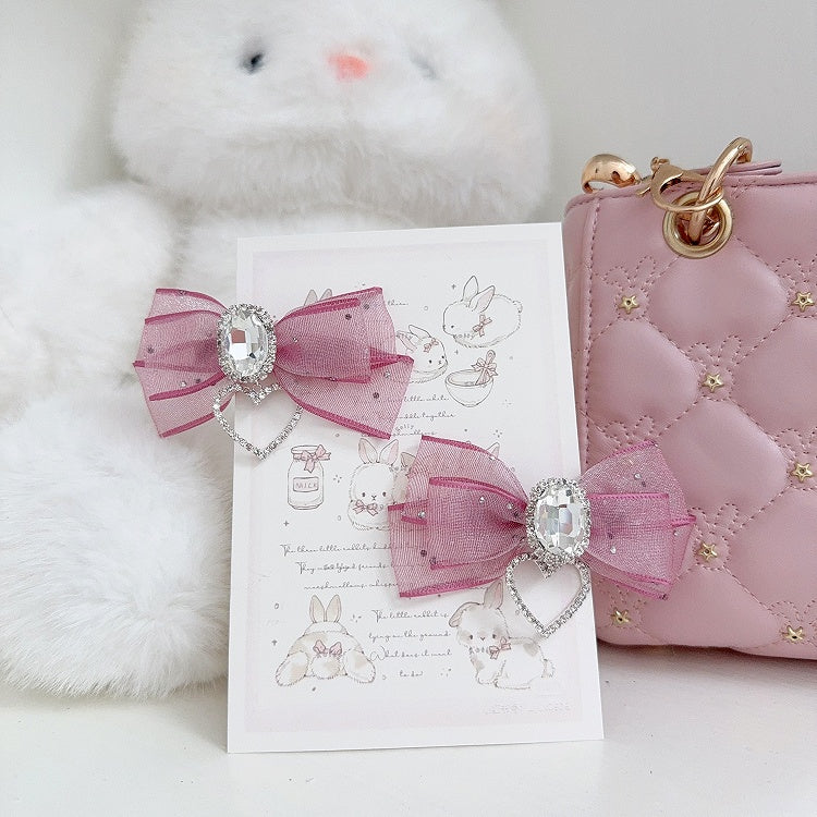 Twin Lolita 5-Colors Hairclips Tails Jirai Rhinestone Decor Bow with Kei