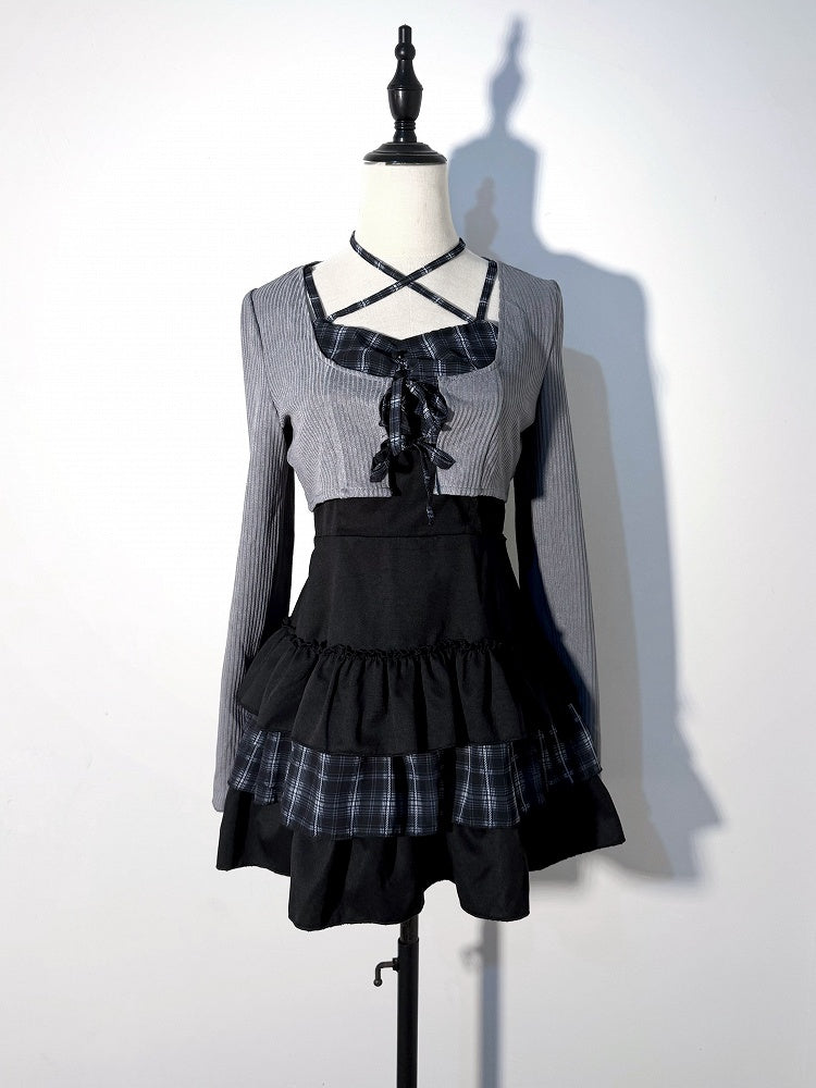Jirai-kei Plaid Halter Tiered Ruffle Dress in Black with Gray Knit Cardigan Duo - GingaU