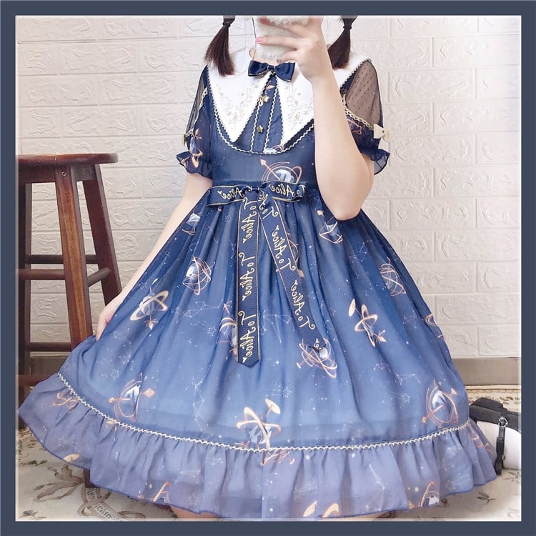 Navy Blue Celestial Globe & Starry Bow Accents Flounce Hem Lolita Dress