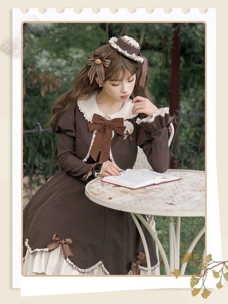 OP Boned Two-Piece Fake Cute Brown Long-Sleeve Lolita Dress