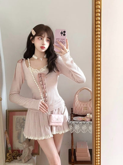 Spitzenstrickrock Rosa Plissierter Minisaum