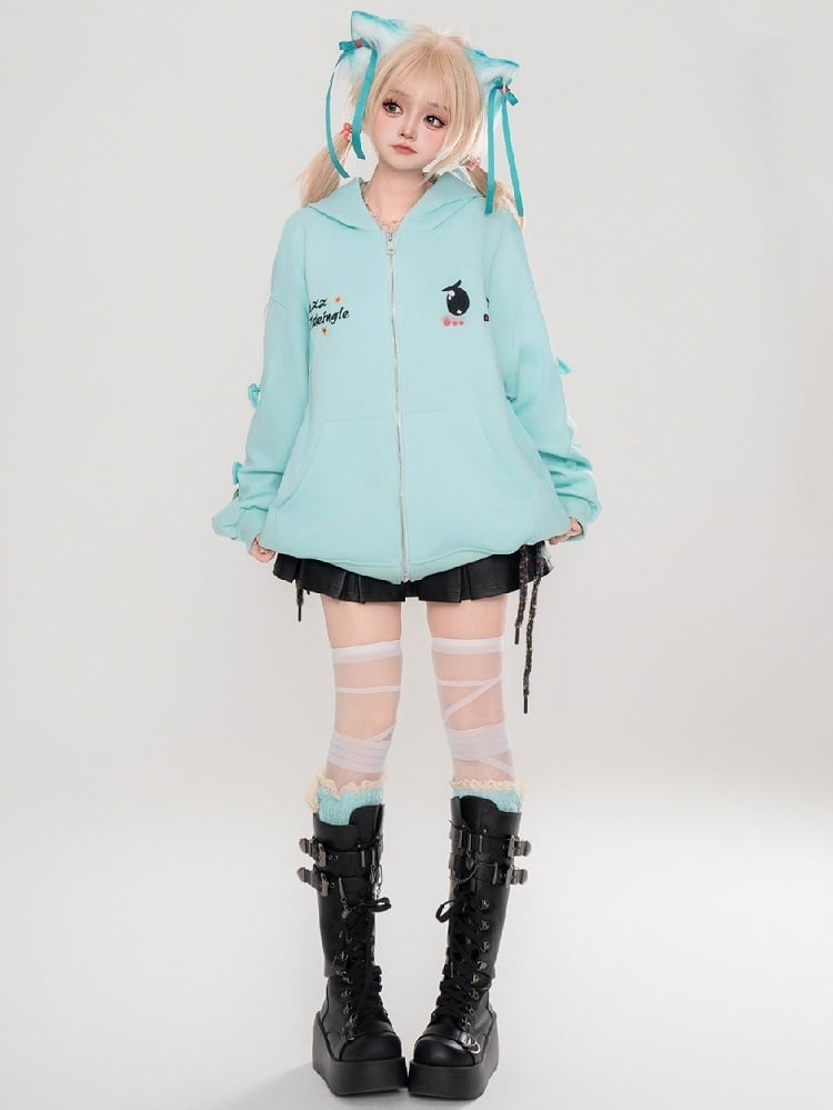 Süßer Yami Kawaii Türkisblau/Pink Zip Hoodie mit traurigen Augen