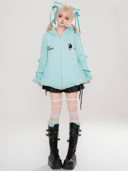 Süßer Yami Kawaii Türkisblau/Pink Zip Hoodie mit traurigen Augen