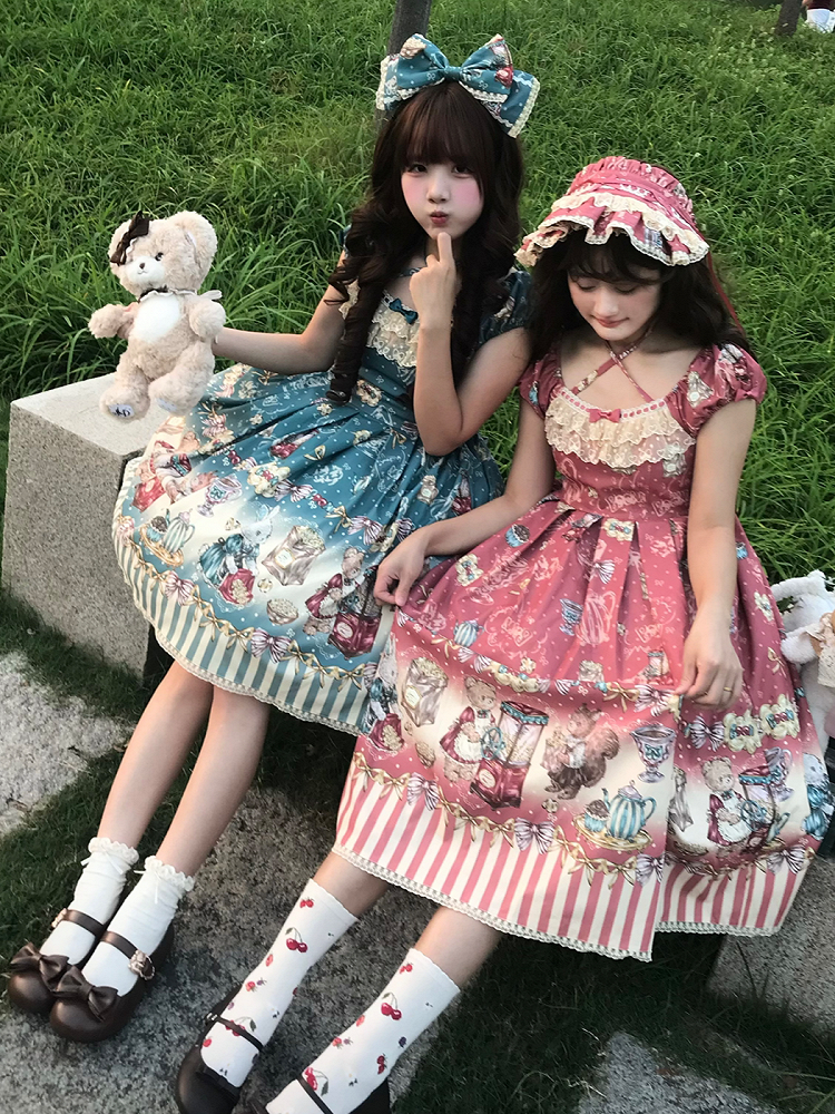 Red Halter Lolita OP Dress with Popcorn Bear Theme, Long/Short Version - Sweet Dream
