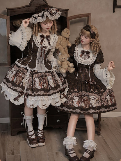 Vintage Brown Bear Symphony Theme Lolita JSK with Bow & Lace Accents - Twin Bear Original Design