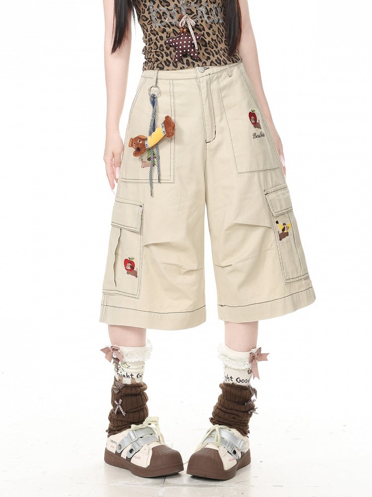 Khaki Cropped Cargo Shorts with Puppy Embroidery - Languid Park