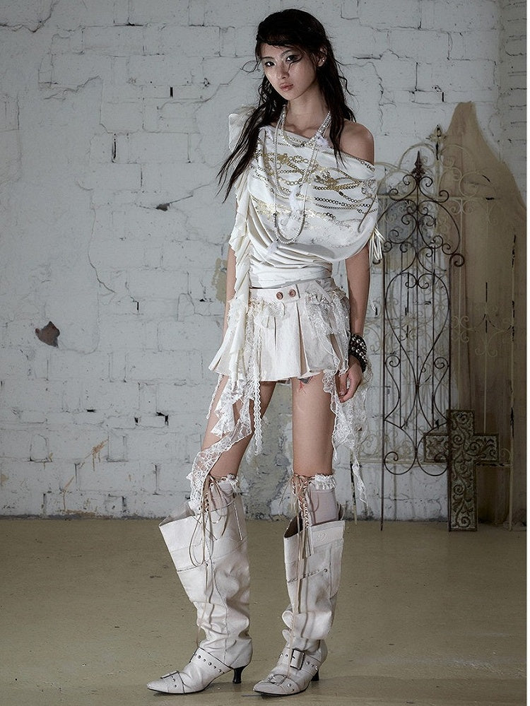 Punk Gold Chain Print Apricot Top with Asymmetric Neckline - NO ROMANCE