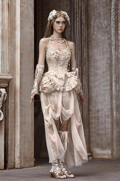 Apricot V-Neck Sleeveless High-Waisted Ruffle Lace Fishbone Corset Skirt Set