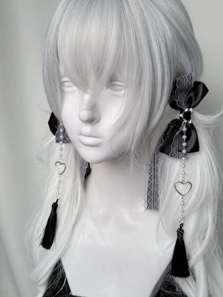 Bow Lace Hair Clip with Heart and Bead Charms - fallen angel