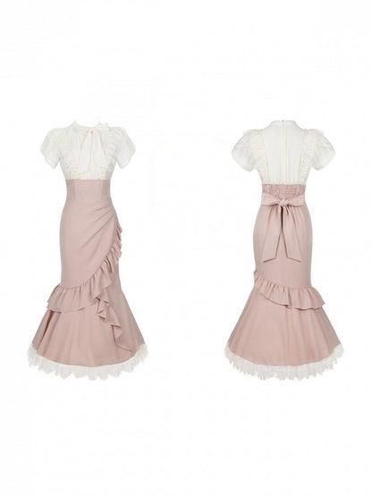 Pink-White Mermaid Two-Piece Dress with Ruffle Hem - With PUJI