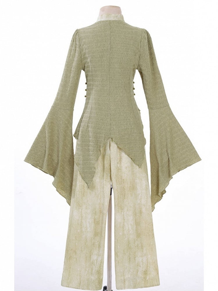 Asymmetrical Green Long-Sleeved Top with Pleated Pants Outfit, Modern Chinese Style - Han Ru Chu Hanfu &amp; Han-Element Studi
