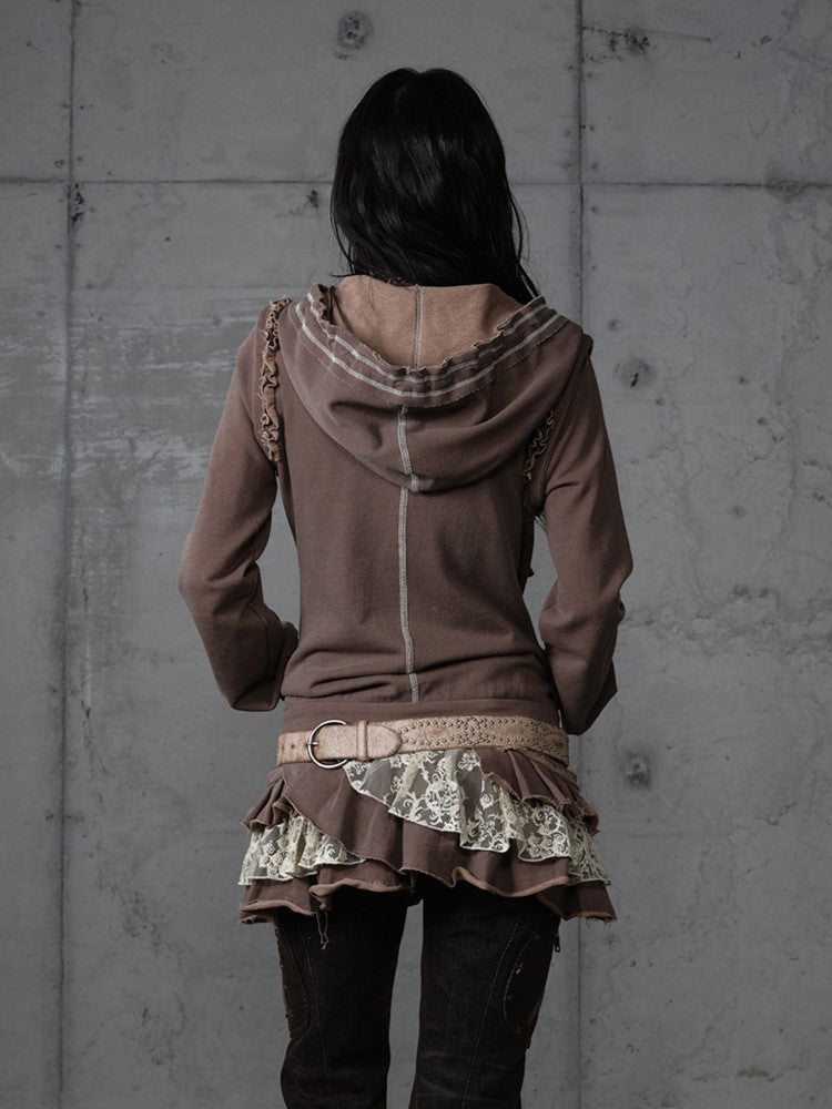 Lace Wasteland with Dress Khaki Hoodie Punk Y2K Tiered Detachable Trim Sleeves