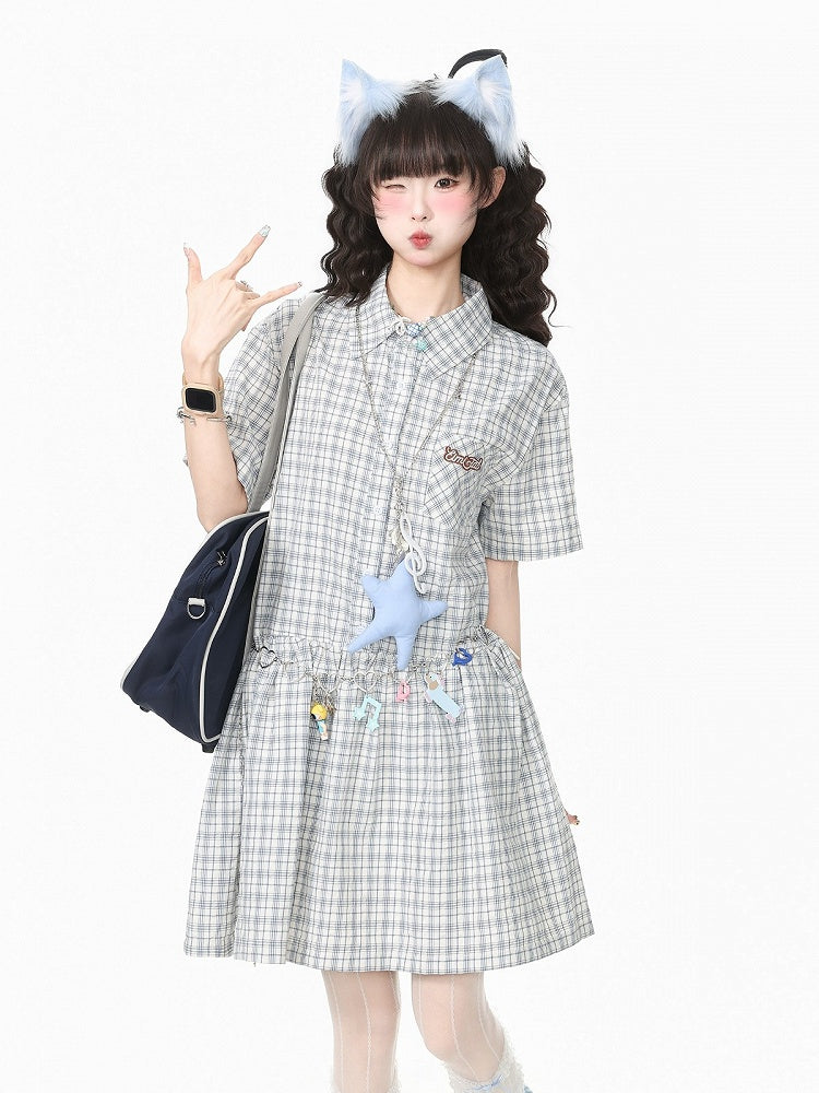 Preppy Gray Plaid Polo Neck Short Sleeve Dress - Languid Park