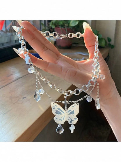 Y2K White Butterfly Beaded Cross Necklace - YSHXS