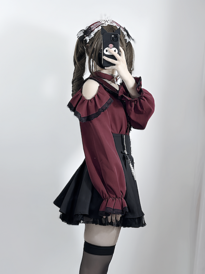 ジライケイ ピーターパンカラー カットアウトショルダー コントラスト 取り外し可能チョーカートリム ブラウス ブラック ワインレッド デザインレース