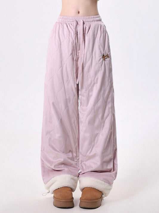 Snug Pink Wave Quilting Draped Pants with Playful Dog Embroidery & Plush Cuffs