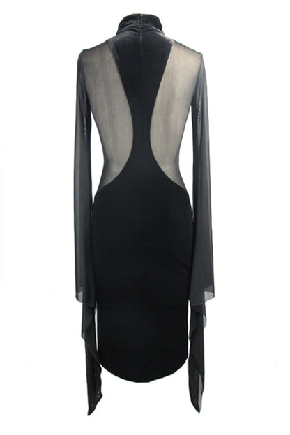 Black Velvet Gothic Dress Cross Collar Flared Sleeves Stretchy