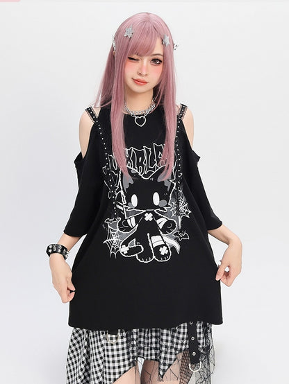 猫プリント ルーズTシャツ Y2K ブラック カットアウトショルダー ビタースイート