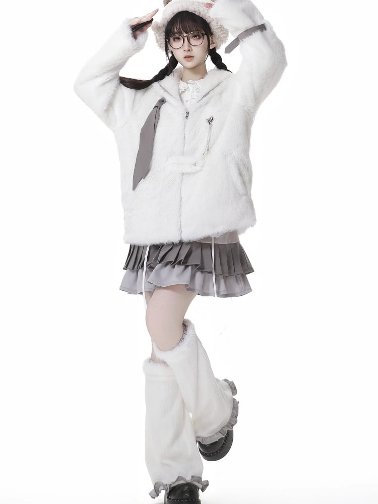 Kawaii White Plush Coat with Sailor Collar and Buckle Straps