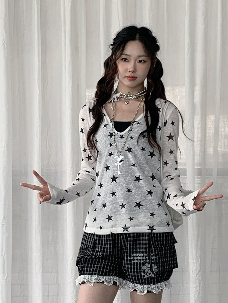 White Sheer Hooded Long Sleeve Top with Star Print Decoration - Solkatt