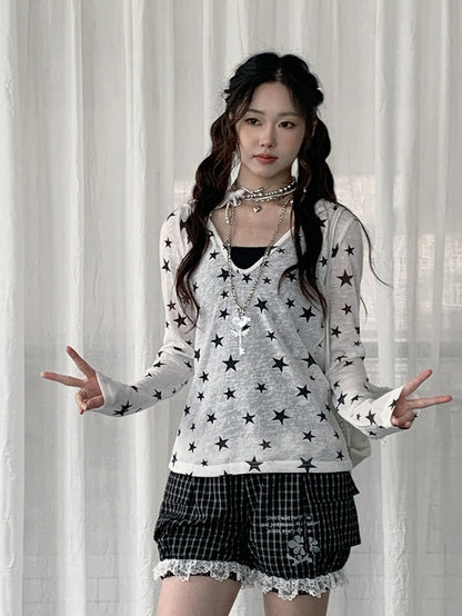 White Sheer Hooded Long Sleeve Top with Star Print Decoration - Solkatt