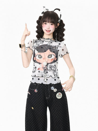 Cartoon Girl & Polka Dot Print White Mesh Short Sleeve T-Shirt - Languid Park