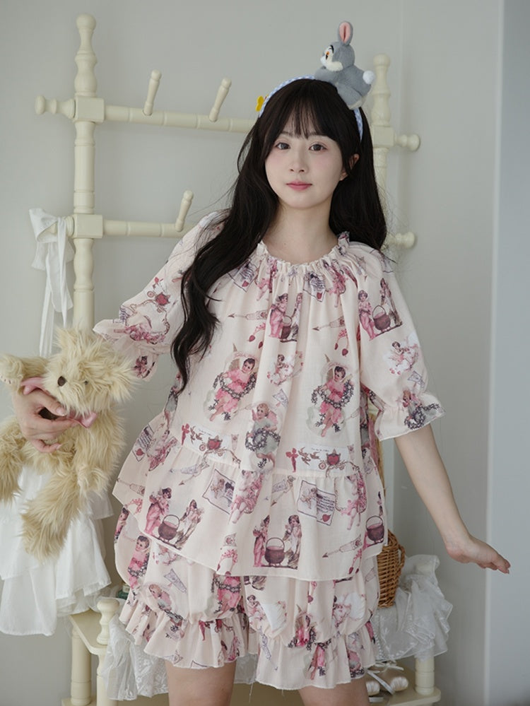 Süßes Pyjama-Set – Oberteil mit Puffärmeln und Pumphose