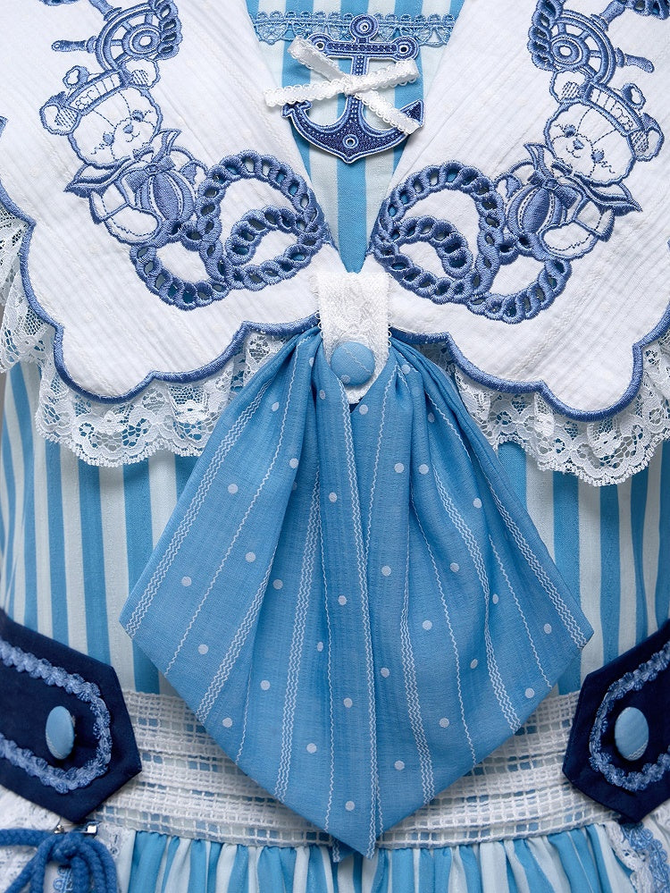 Light Blue Striped Low Waist Sailor Dress with Embroidery - Twin Bear Original Design